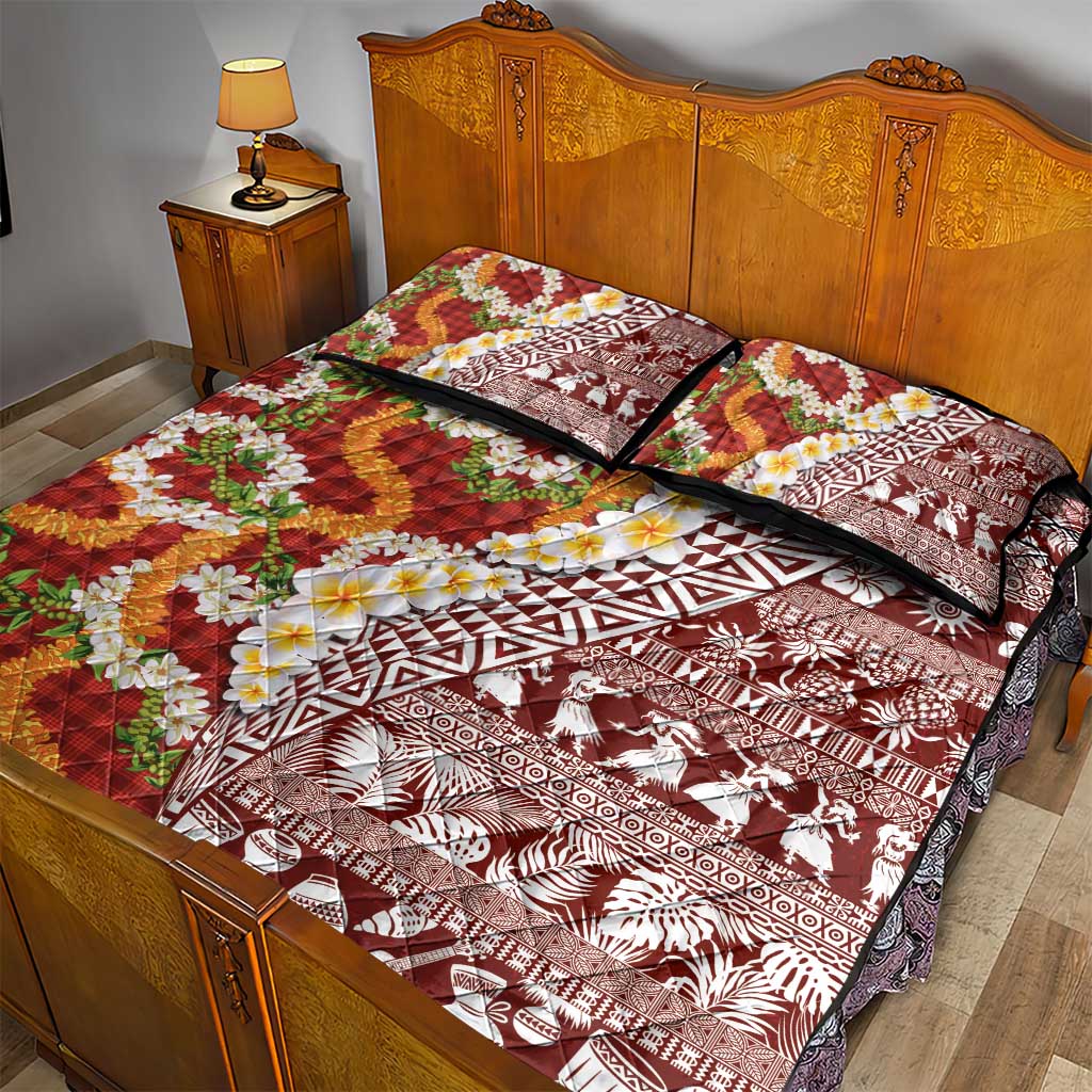 Hawaiian Plumeria Lei Quilt Bed Set Kakau Motifs and Palaka Half Style Red Color LT03 - Polynesian Pride