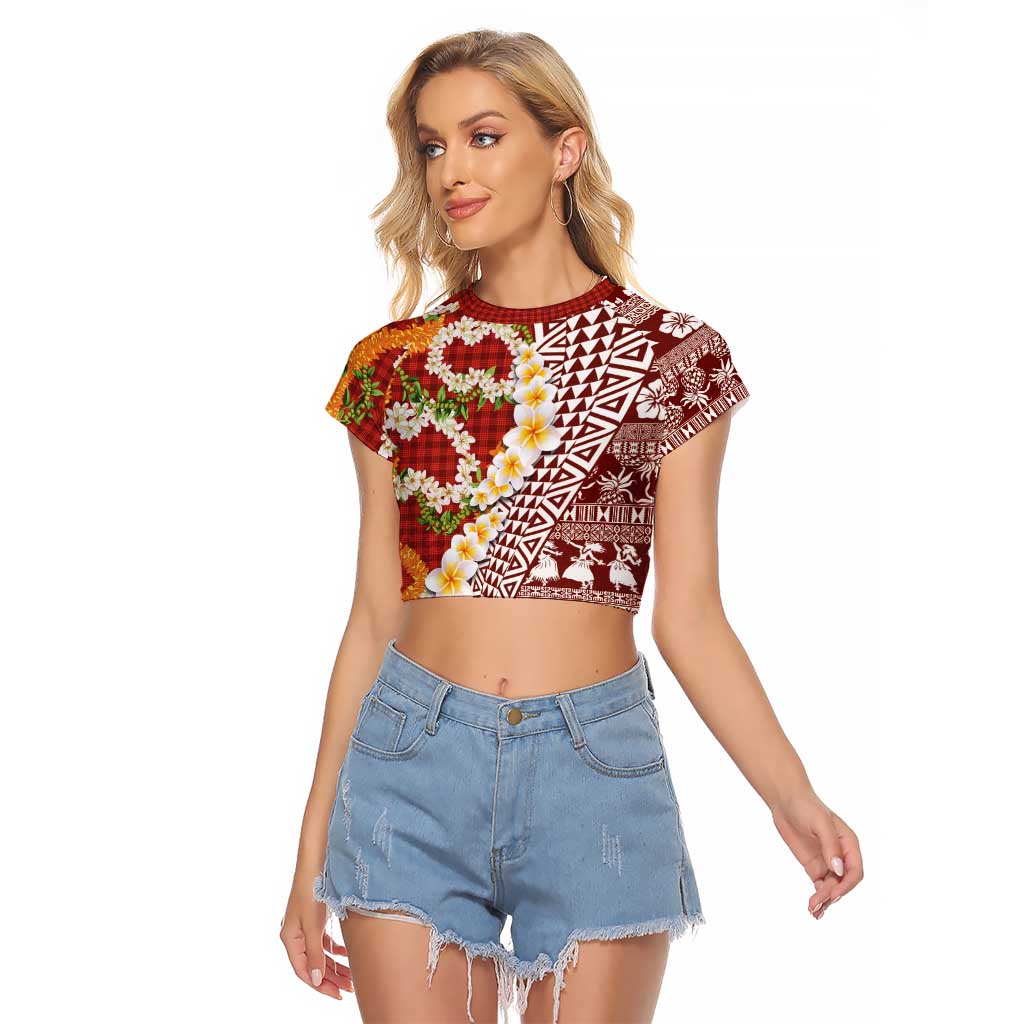 Hawaiian Plumeria Lei Raglan Cropped T Shirt Kakau Motifs and Palaka Half Style Red Color - Polynesian Pride
