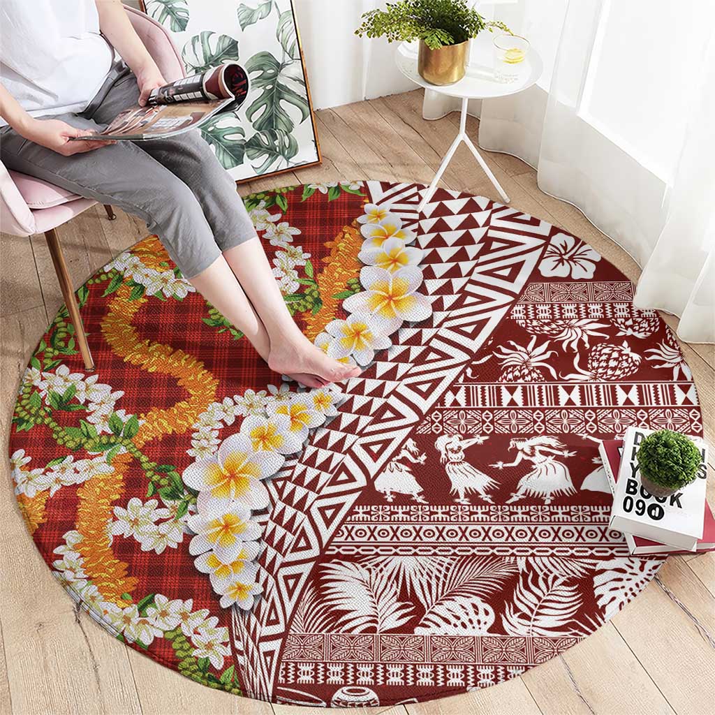 Hawaiian Plumeria Lei Round Carpet Kakau Motifs and Palaka Half Style Red Color - Polynesian Pride