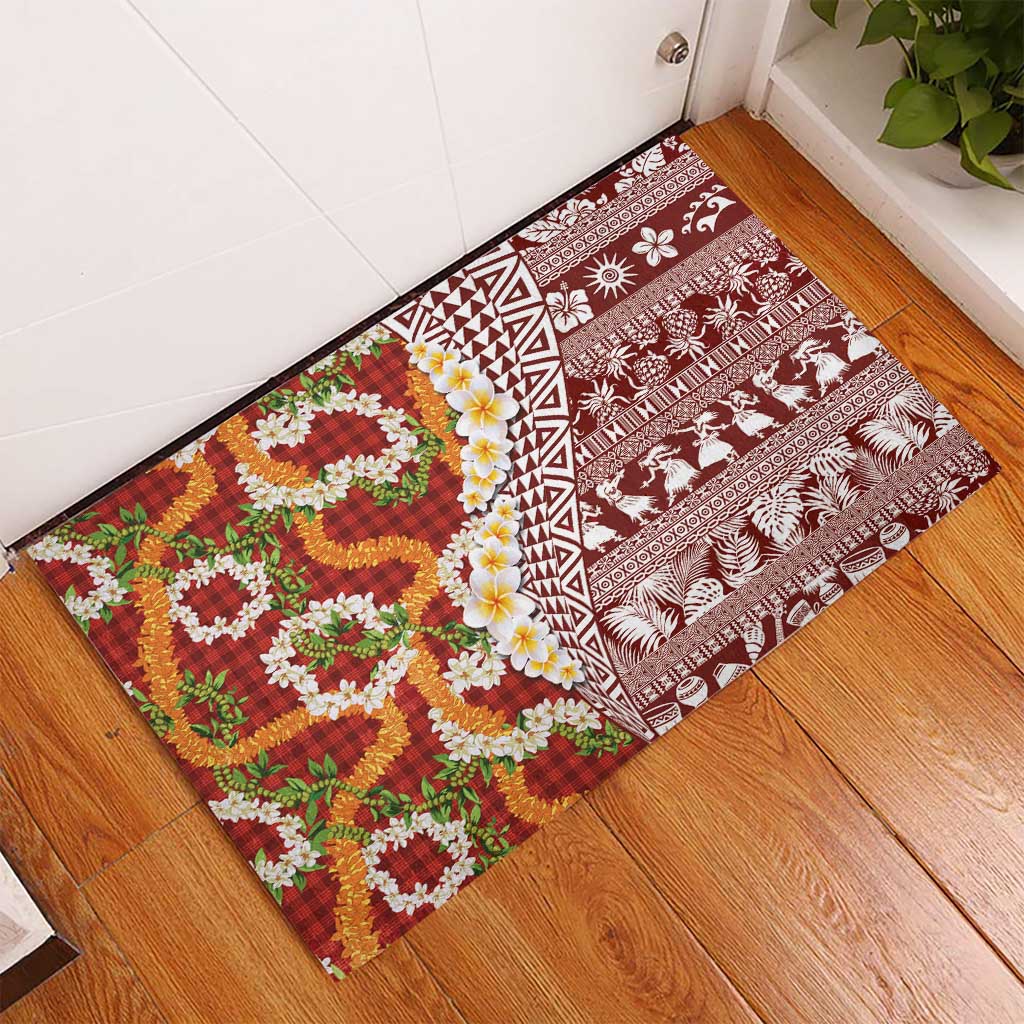 Hawaiian Plumeria Lei Rubber Doormat Kakau Motifs and Palaka Half Style Red Color LT03 - Polynesian Pride