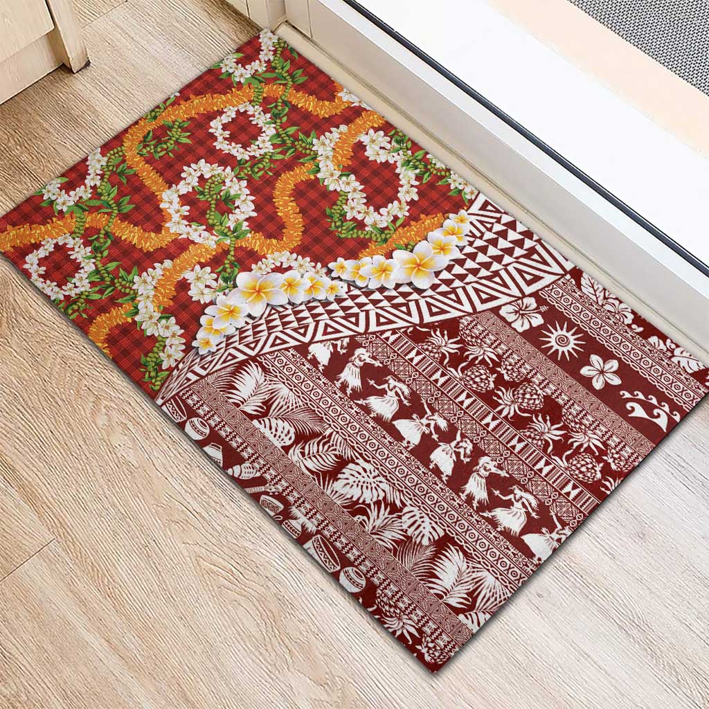 Hawaiian Plumeria Lei Rubber Doormat Kakau Motifs and Palaka Half Style Red Color LT03 - Polynesian Pride