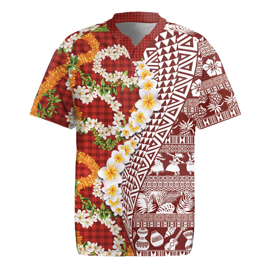 Hawaiian Plumeria Lei Rugby Jersey Kakau Motifs and Palaka Half Style Red Color LT03 Red - Polynesian Pride