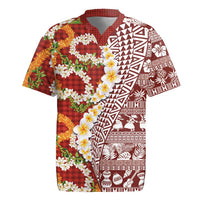Hawaiian Plumeria Lei Rugby Jersey Kakau Motifs and Palaka Half Style Red Color LT03 Red - Polynesian Pride