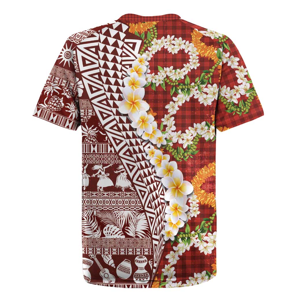 Hawaiian Plumeria Lei Rugby Jersey Kakau Motifs and Palaka Half Style Red Color LT03 - Polynesian Pride