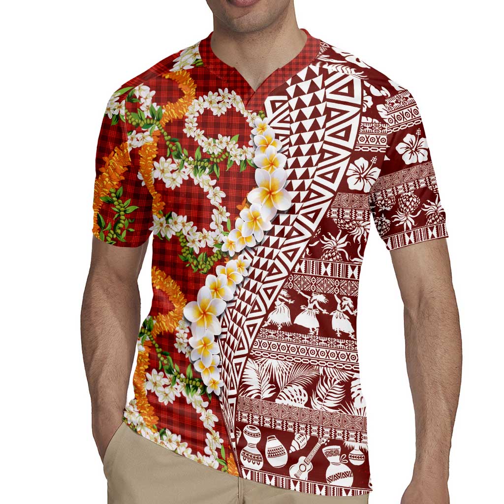 Hawaiian Plumeria Lei Rugby Jersey Kakau Motifs and Palaka Half Style Red Color LT03 - Polynesian Pride