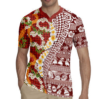 Hawaiian Plumeria Lei Rugby Jersey Kakau Motifs and Palaka Half Style Red Color LT03 - Polynesian Pride