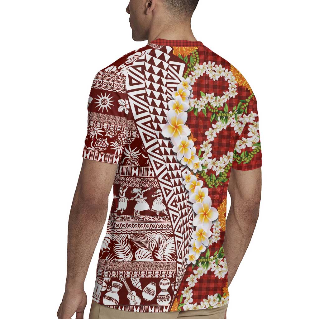 Hawaiian Plumeria Lei Rugby Jersey Kakau Motifs and Palaka Half Style Red Color LT03 - Polynesian Pride