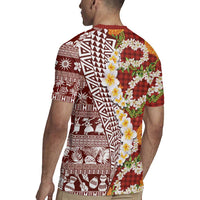 Hawaiian Plumeria Lei Rugby Jersey Kakau Motifs and Palaka Half Style Red Color LT03 - Polynesian Pride