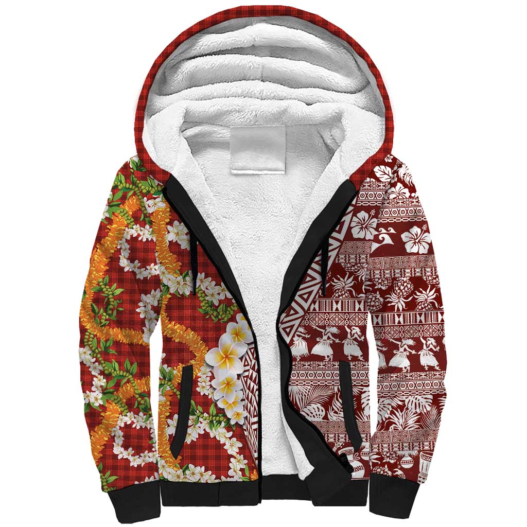 Hawaiian Plumeria Lei Sherpa Hoodie Kakau Motifs and Palaka Half Style Red Color LT03 Unisex Red - Polynesian Pride