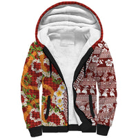 Hawaiian Plumeria Lei Sherpa Hoodie Kakau Motifs and Palaka Half Style Red Color LT03 Unisex Red - Polynesian Pride