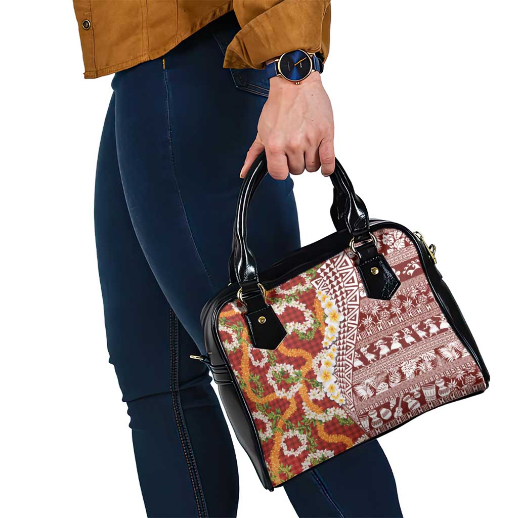 Hawaiian Plumeria Lei Shoulder Handbag Kakau Motifs and Palaka Half Style Red Color - Polynesian Pride