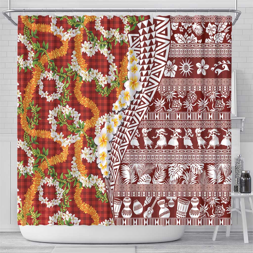 Hawaiian Plumeria Lei Shower Curtain Kakau Motifs and Palaka Half Style Red Color LT03 - Polynesian Pride
