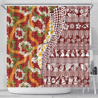 Hawaiian Plumeria Lei Shower Curtain Kakau Motifs and Palaka Half Style Red Color LT03 - Polynesian Pride