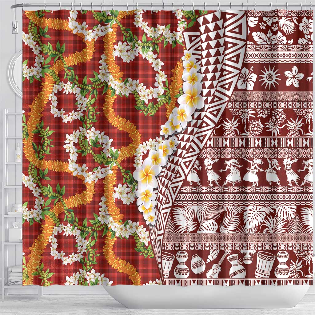 Hawaiian Plumeria Lei Shower Curtain Kakau Motifs and Palaka Half Style Red Color LT03 - Polynesian Pride