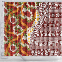 Hawaiian Plumeria Lei Shower Curtain Kakau Motifs and Palaka Half Style Red Color LT03 - Polynesian Pride