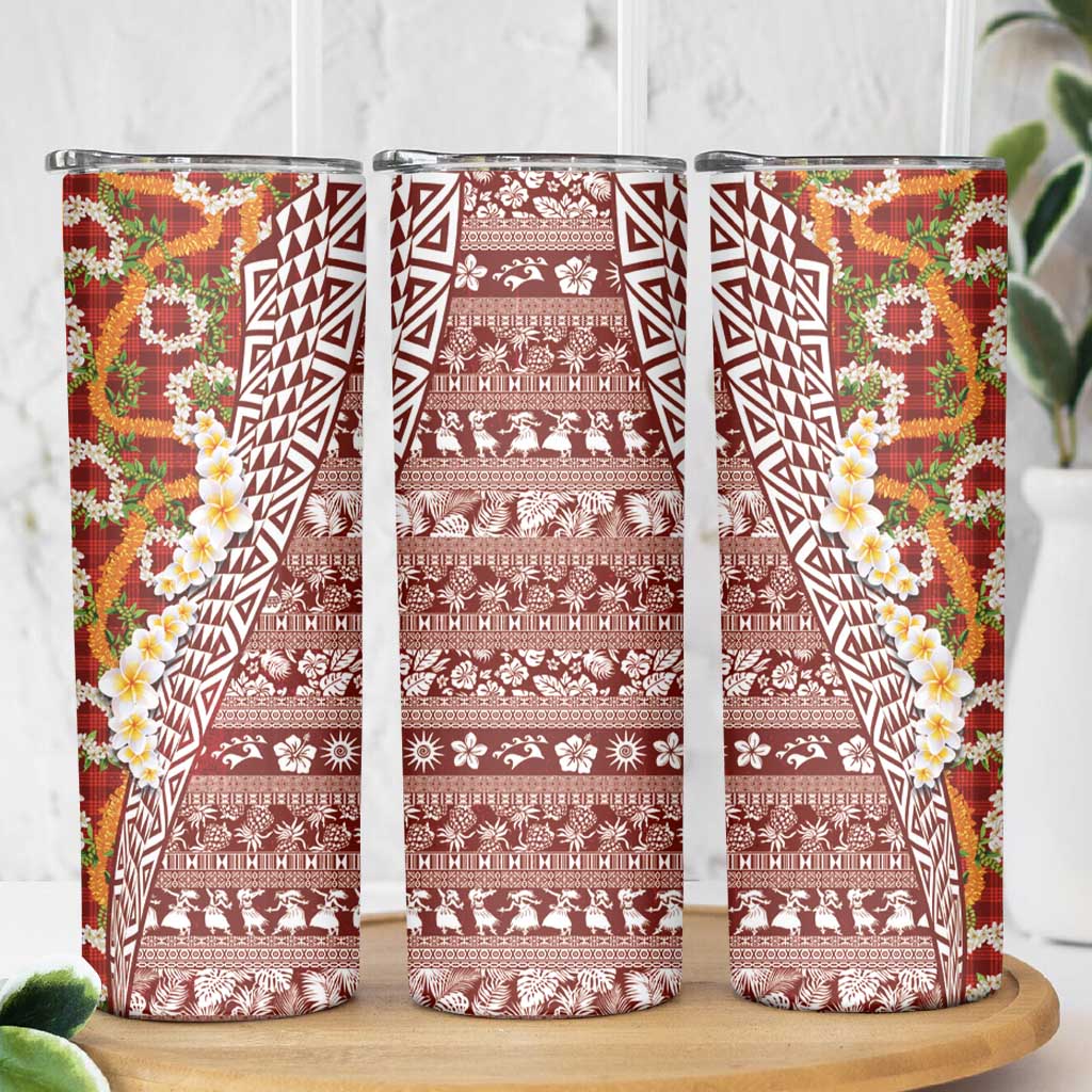 Hawaiian Plumeria Lei Skinny Tumbler Kakau Motifs and Palaka Half Style Red Color LT03 - Polynesian Pride