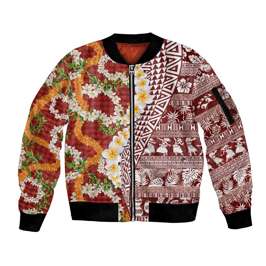 Hawaiian Plumeria Lei Sleeve Zip Bomber Jacket Kakau Motifs and Palaka Half Style Red Color LT03 Unisex Red - Polynesian Pride