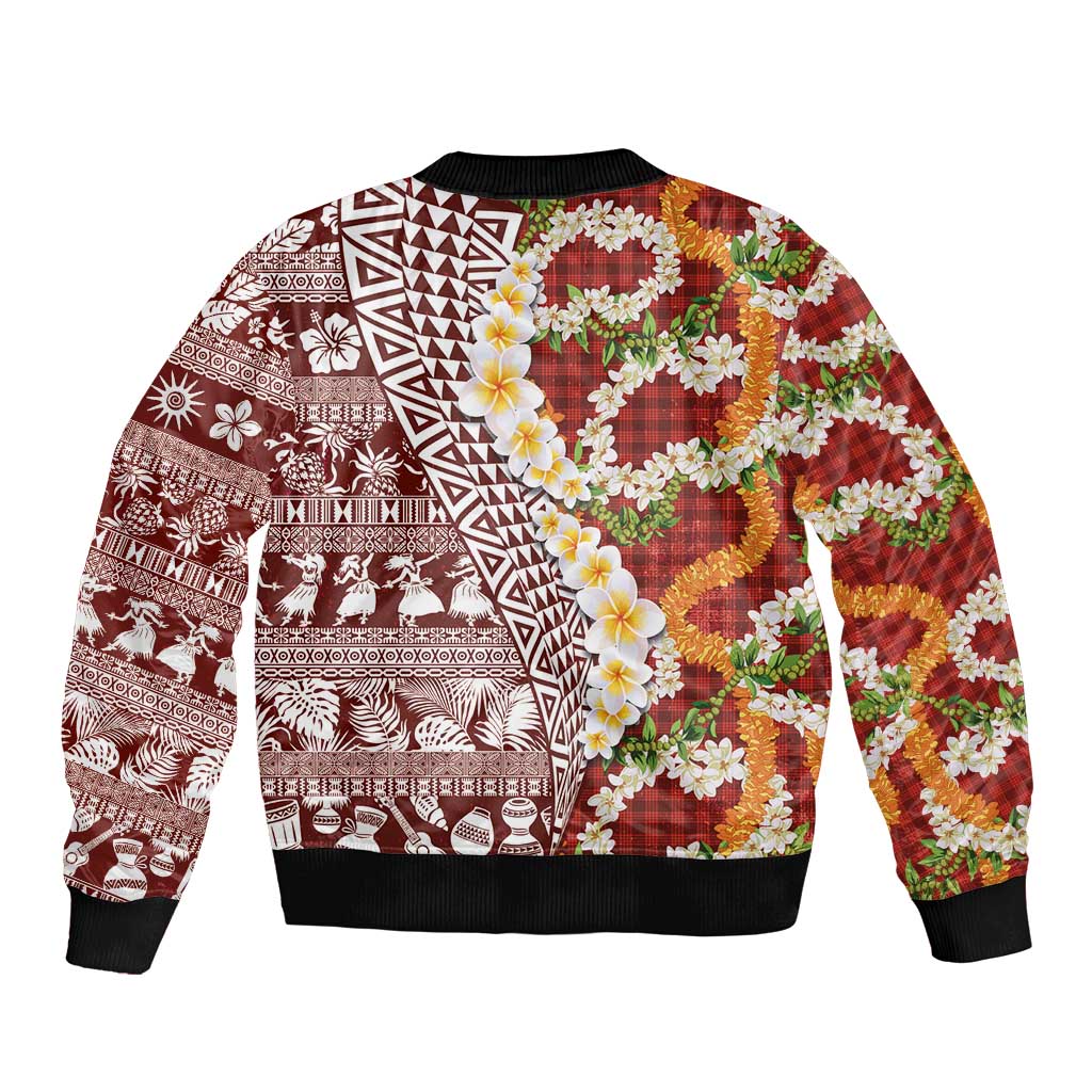 Hawaiian Plumeria Lei Sleeve Zip Bomber Jacket Kakau Motifs and Palaka Half Style Red Color LT03 - Polynesian Pride