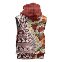 Hawaiian Plumeria Lei Sleeveless Hoodie Kakau Motifs and Palaka Half Style Red Color LT03 - Polynesian Pride