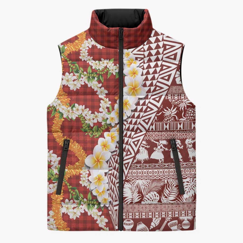 Hawaiian Plumeria Lei Sleeveless Puffer Jacket Kakau Motifs and Palaka Half Style Red Color LT03 Unisex Red - Polynesian Pride