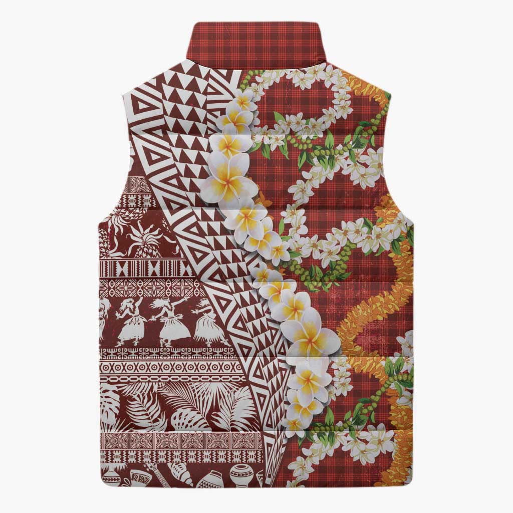 Hawaiian Plumeria Lei Sleeveless Puffer Jacket Kakau Motifs and Palaka Half Style Red Color LT03 - Polynesian Pride