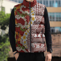 Hawaiian Plumeria Lei Sleeveless Puffer Jacket Kakau Motifs and Palaka Half Style Red Color LT03 - Polynesian Pride