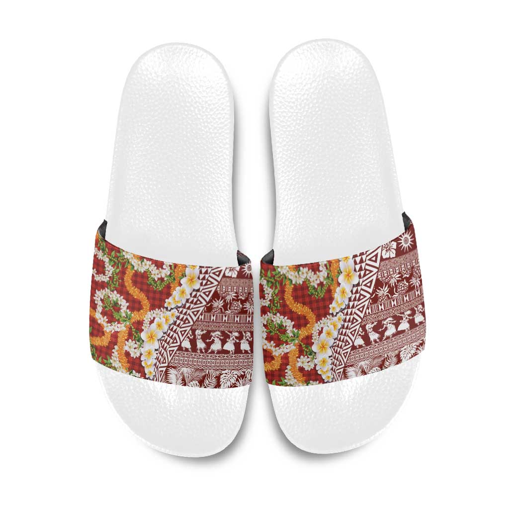 Hawaiian Plumeria Lei Slide Sandals Kakau Motifs and Palaka Half Style Red Color LT03 Red - Polynesian Pride