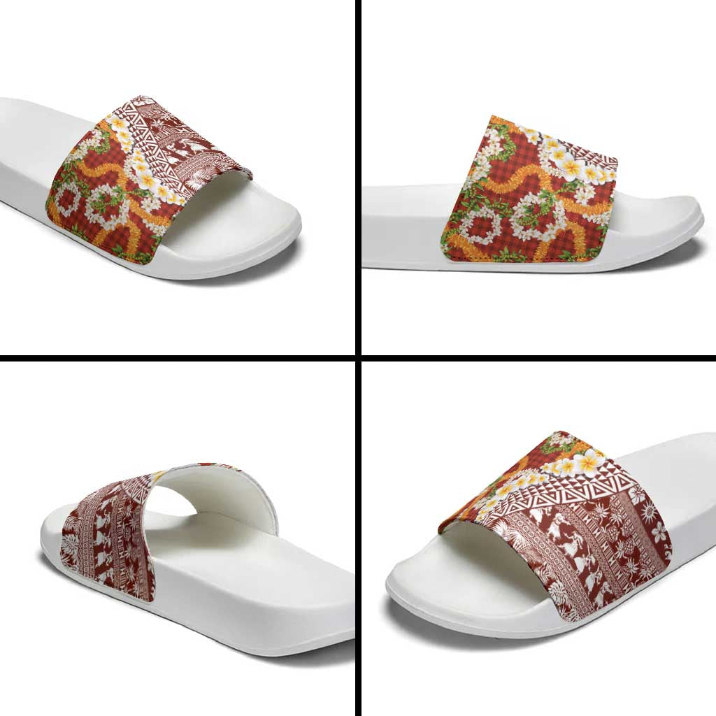 Hawaiian Plumeria Lei Slide Sandals Kakau Motifs and Palaka Half Style Red Color LT03 - Polynesian Pride