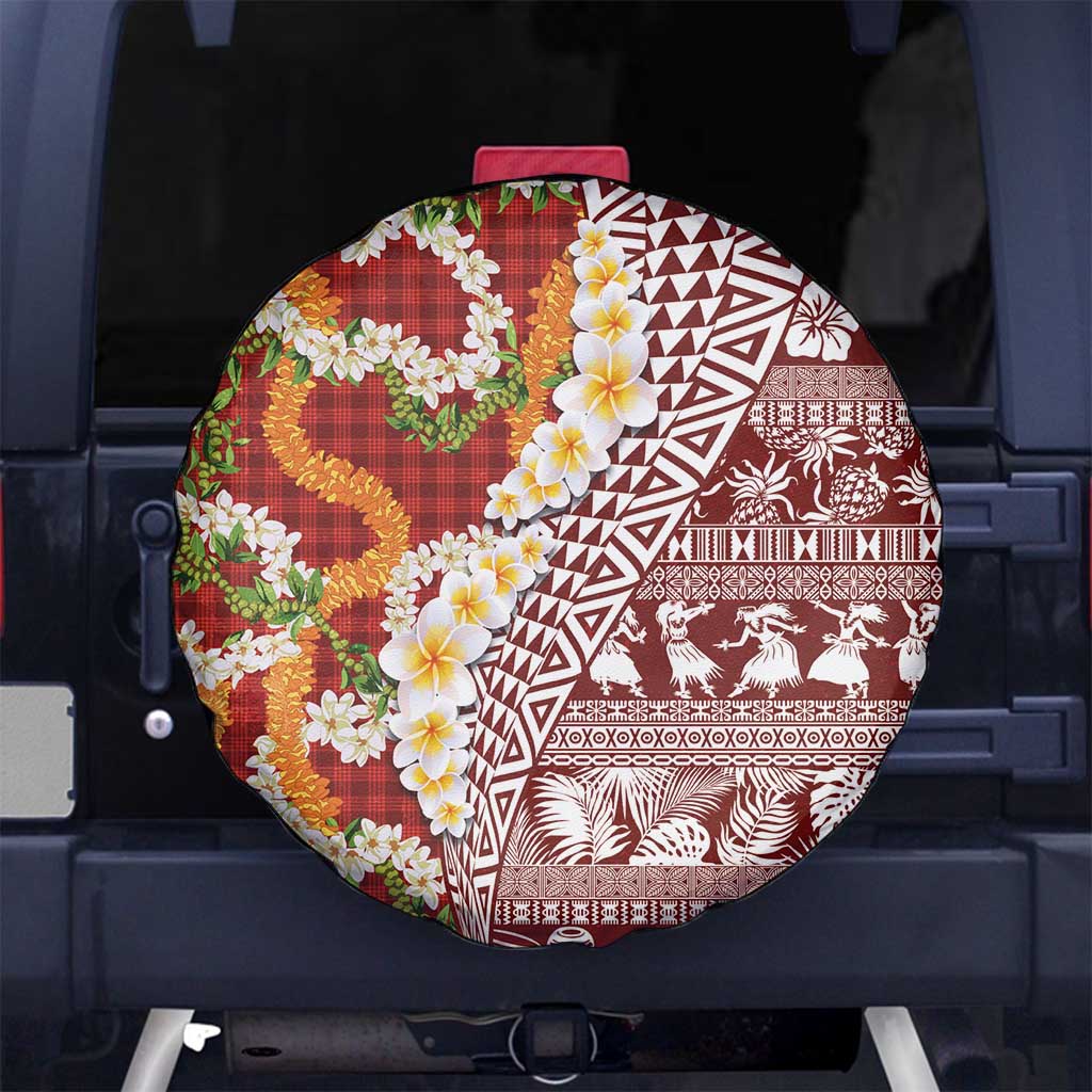 Hawaiian Plumeria Lei Spare Tire Cover Kakau Motifs and Palaka Half Style Red Color LT03 No hole Red - Polynesian Pride