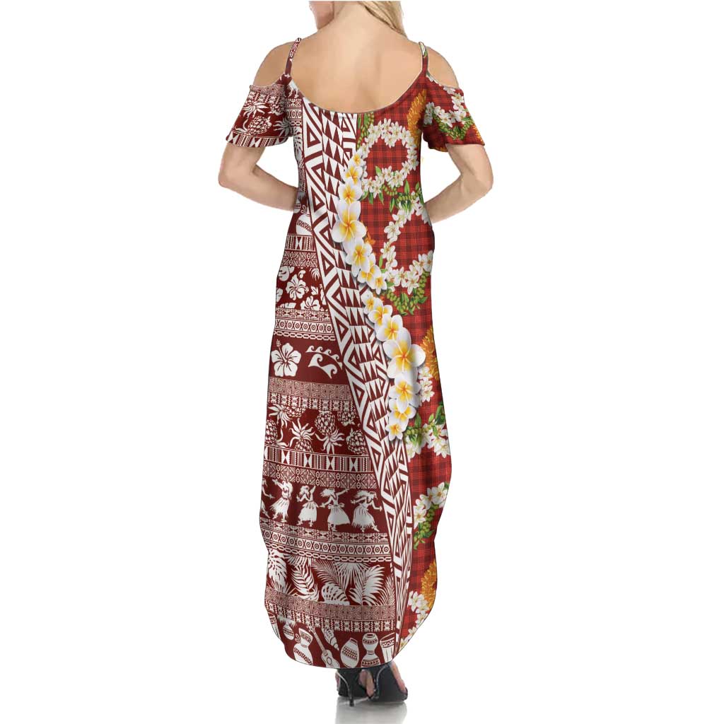 Hawaiian Plumeria Lei Summer Maxi Dress Kakau Motifs and Palaka Half Style Red Color LT03 - Polynesian Pride