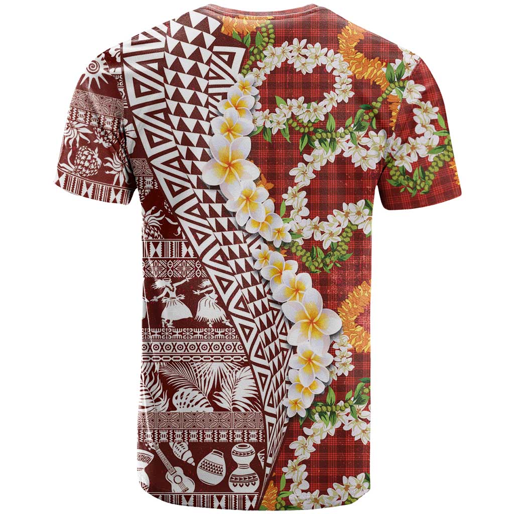 Hawaiian Plumeria Lei T Shirt Kakau Motifs and Palaka Half Style Red Color LT03 - Polynesian Pride