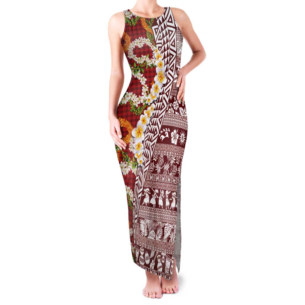 Hawaiian Plumeria Lei Tank Maxi Dress Kakau Motifs and Palaka Half Style Red Color LT03 Women Red - Polynesian Pride