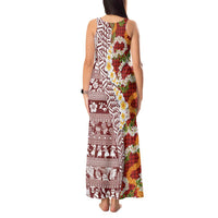 Hawaiian Plumeria Lei Tank Maxi Dress Kakau Motifs and Palaka Half Style Red Color LT03 - Polynesian Pride