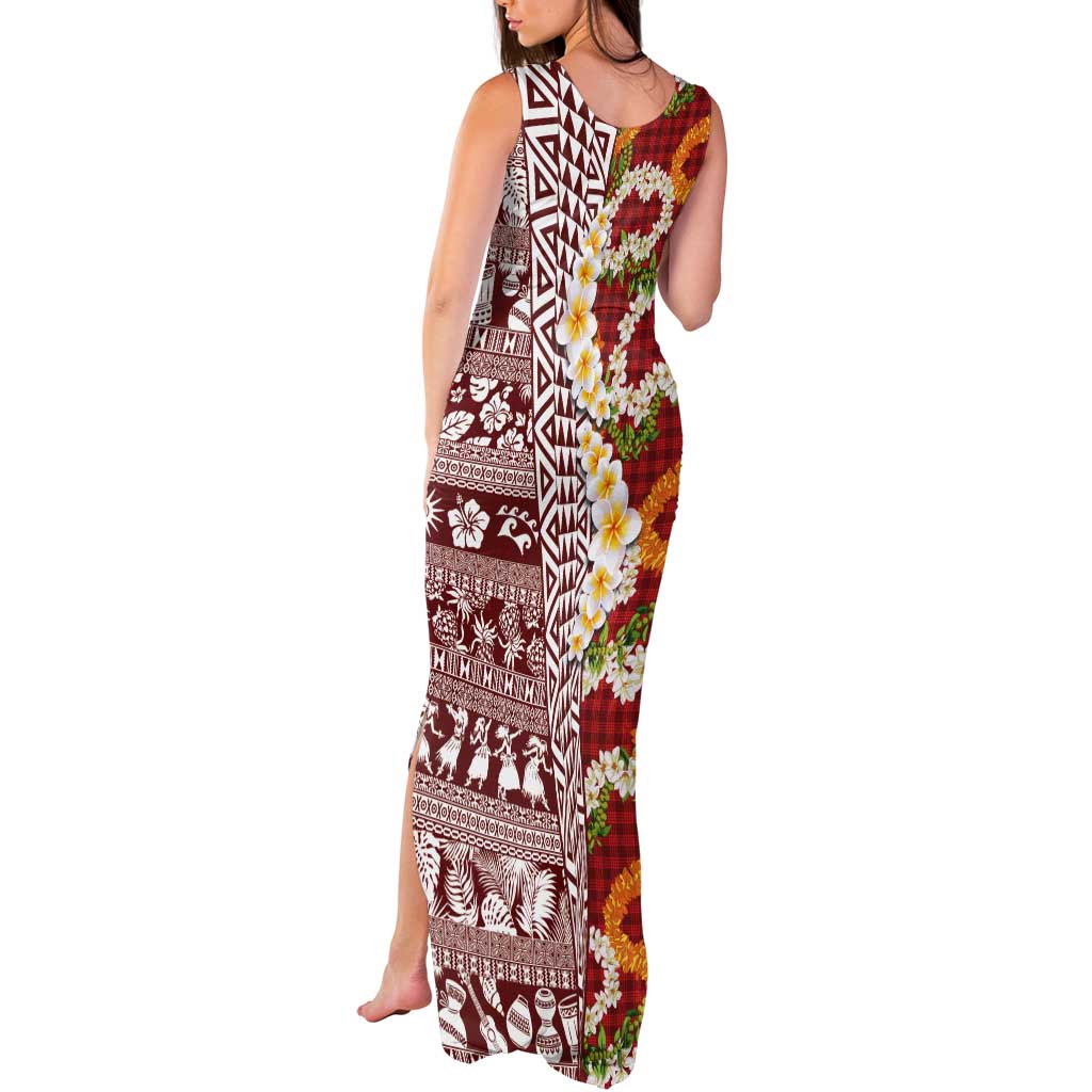 Hawaiian Plumeria Lei Tank Maxi Dress Kakau Motifs and Palaka Half Style Red Color LT03 - Polynesian Pride