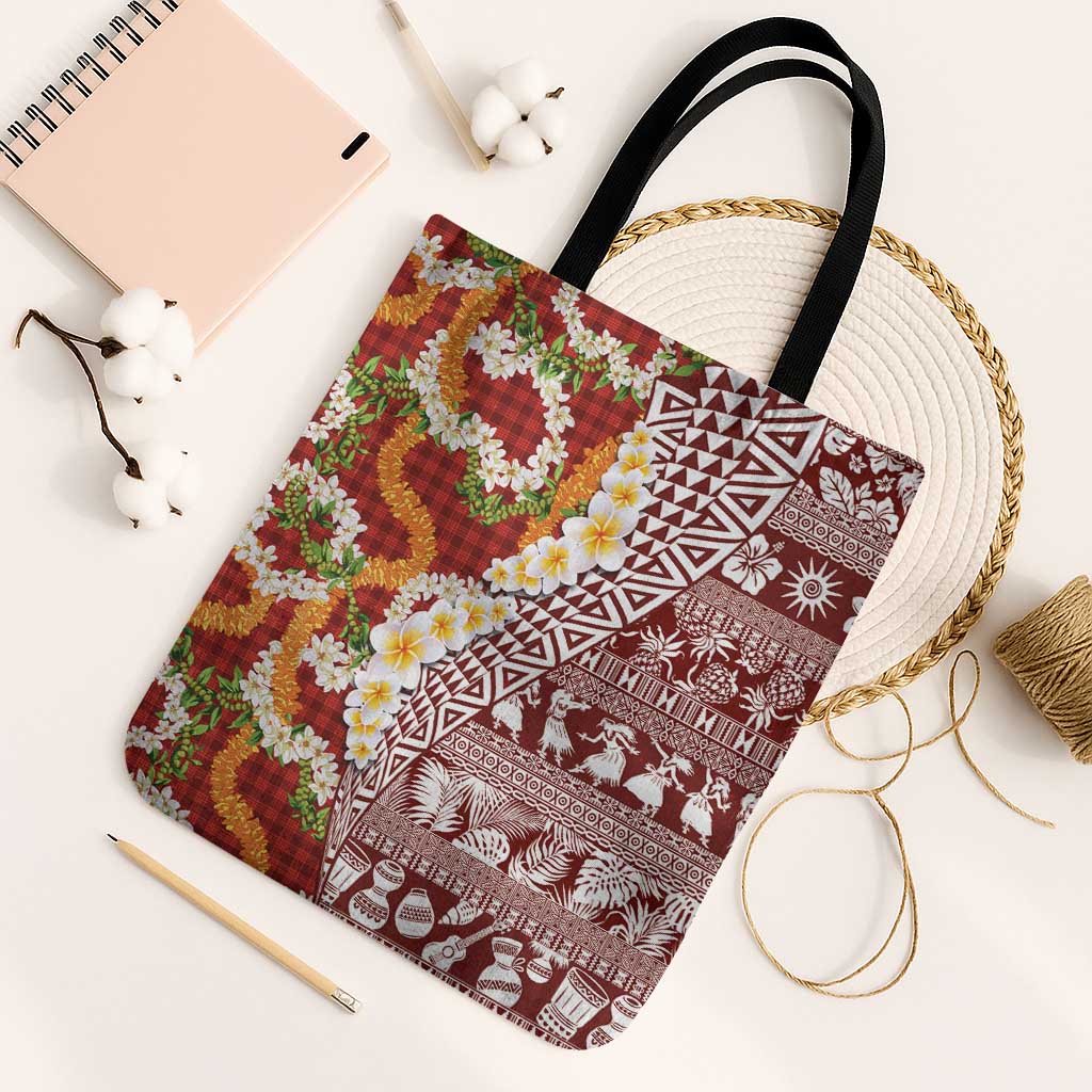 Hawaiian Plumeria Lei Tote Bag Kakau Motifs and Palaka Half Style Red Color LT03 Black Strap One Size Red - Polynesian Pride