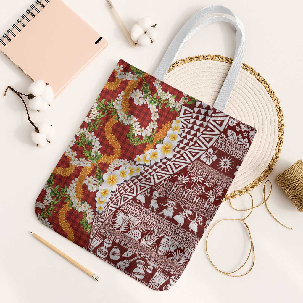 Hawaiian Plumeria Lei Tote Bag Kakau Motifs and Palaka Half Style Red Color LT03 White Strap One Size Red - Polynesian Pride