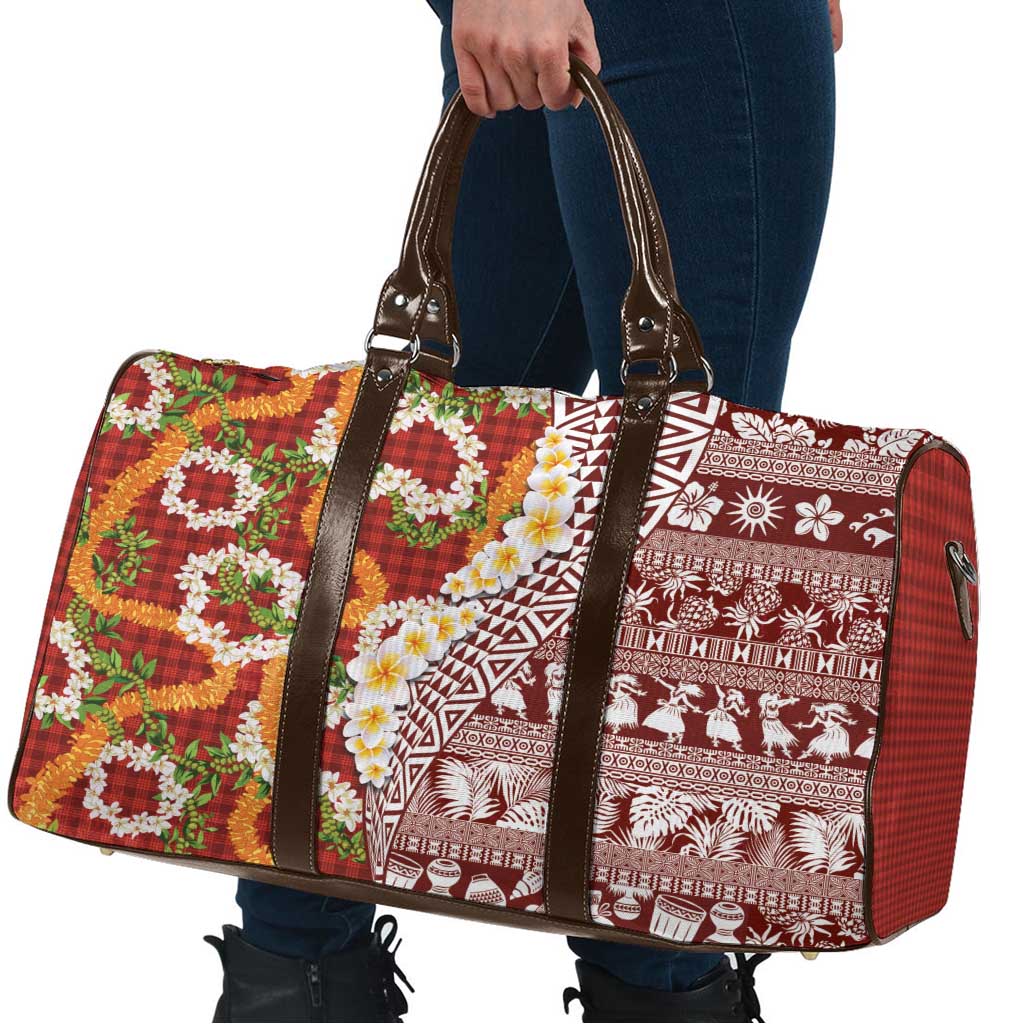 Hawaiian Plumeria Lei Travel Bag Kakau Motifs and Palaka Half Style Red Color LT03 - Polynesian Pride