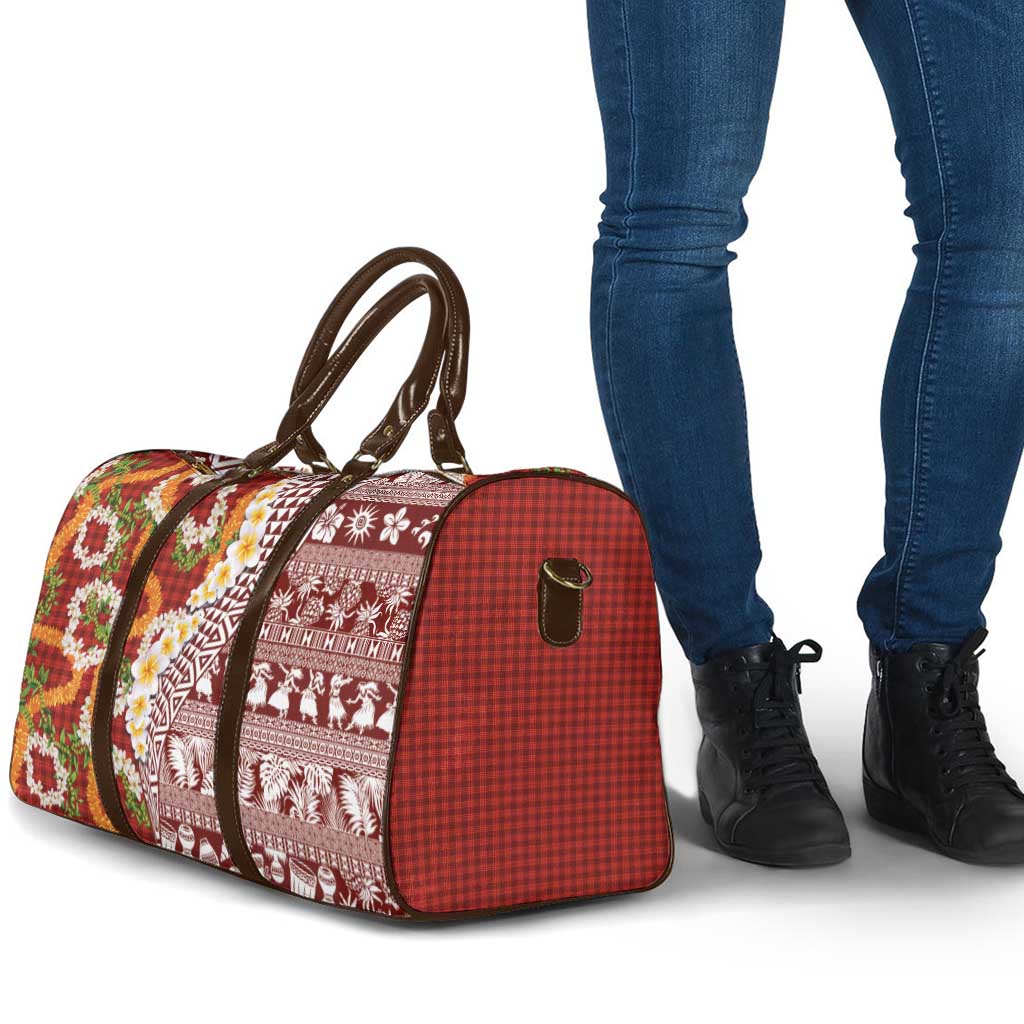 Hawaiian Plumeria Lei Travel Bag Kakau Motifs and Palaka Half Style Red Color LT03 - Polynesian Pride