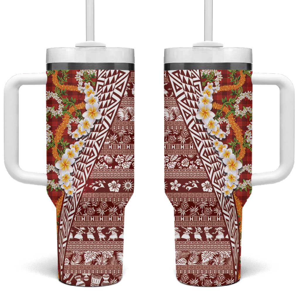 Hawaiian Plumeria Lei Tumbler With Handle Kakau Motifs and Palaka Half Style Red Color LT03 One Size: 40 oz Red - Polynesian Pride