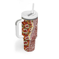 Hawaiian Plumeria Lei Tumbler With Handle Kakau Motifs and Palaka Half Style Red Color LT03 - Polynesian Pride