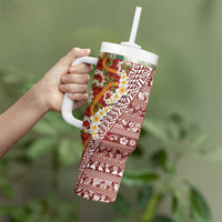 Hawaiian Plumeria Lei Tumbler With Handle Kakau Motifs and Palaka Half Style Red Color LT03 - Polynesian Pride