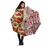 Hawaiian Plumeria Lei Umbrella Kakau Motifs and Palaka Half Style Red Color - Polynesian Pride