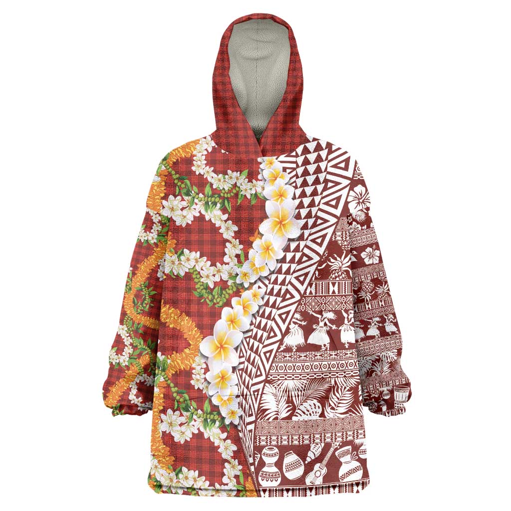Hawaiian Plumeria Lei Wearable Blanket Hoodie Kakau Motifs and Palaka Half Style Red Color LT03 One Size Red - Polynesian Pride