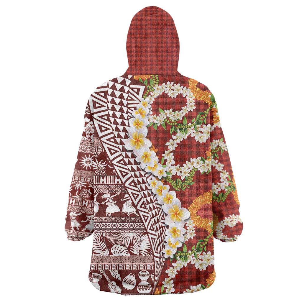 Hawaiian Plumeria Lei Wearable Blanket Hoodie Kakau Motifs and Palaka Half Style Red Color LT03 - Polynesian Pride