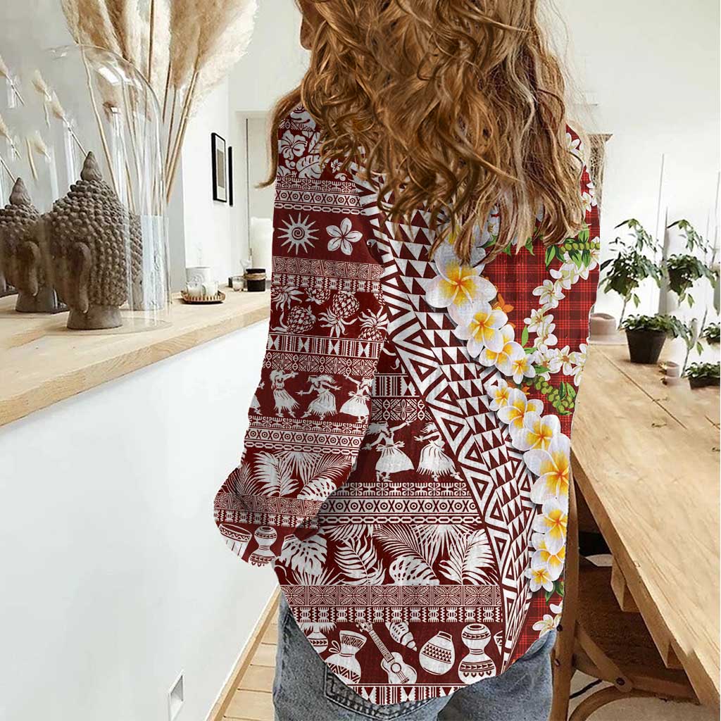 Hawaiian Plumeria Lei Women Casual Shirt Kakau Motifs and Palaka Half Style Red Color LT03 - Polynesian Pride