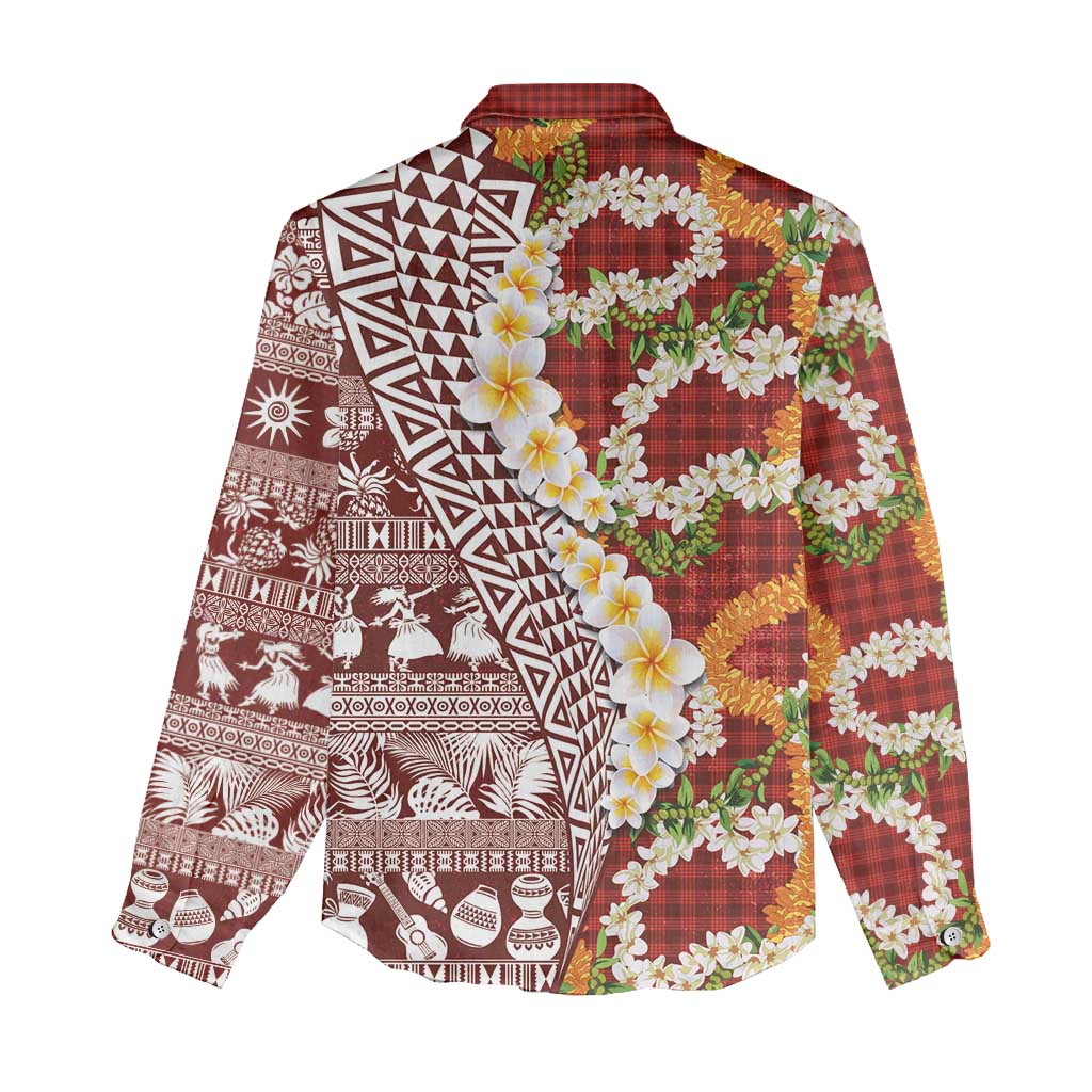 Hawaiian Plumeria Lei Women Casual Shirt Kakau Motifs and Palaka Half Style Red Color LT03 - Polynesian Pride