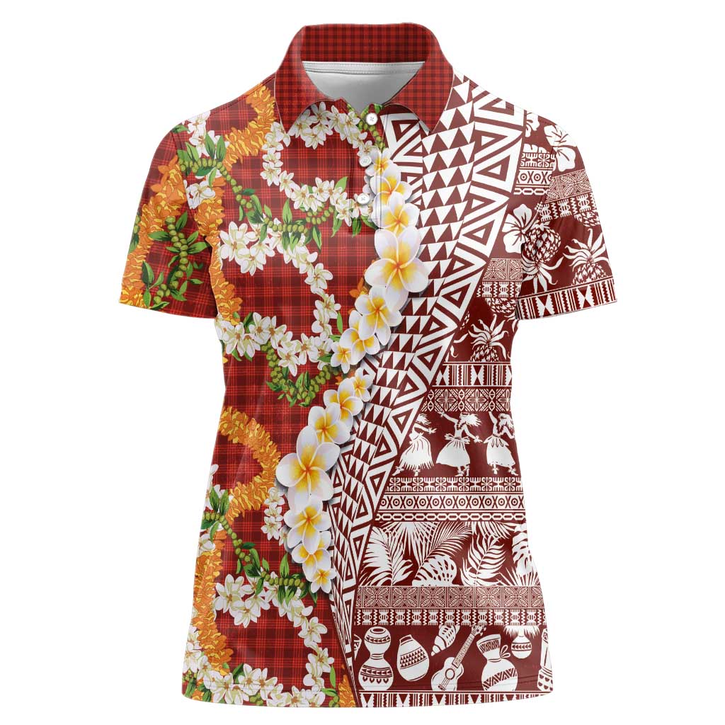 Hawaiian Plumeria Lei Women Polo Shirt Kakau Motifs and Palaka Half Style Red Color - Polynesian Pride