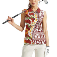 Hawaiian Plumeria Lei Women Sleeveless Polo Shirt Kakau Motifs and Palaka Half Style Red Color LT03 - Polynesian Pride