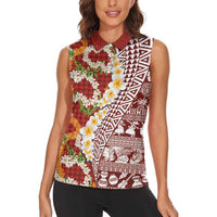 Hawaiian Plumeria Lei Women Sleeveless Polo Shirt Kakau Motifs and Palaka Half Style Red Color LT03 - Polynesian Pride