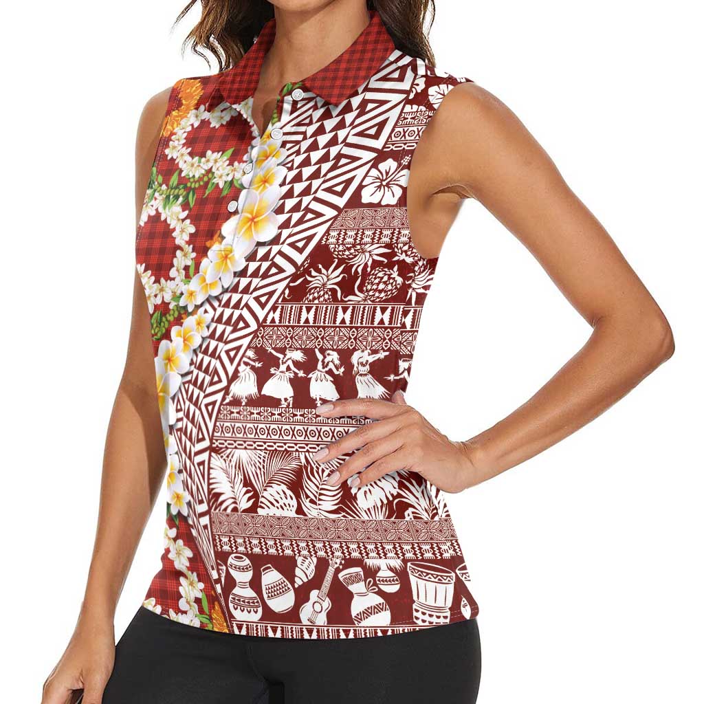 Hawaiian Plumeria Lei Women Sleeveless Polo Shirt Kakau Motifs and Palaka Half Style Red Color LT03 - Polynesian Pride